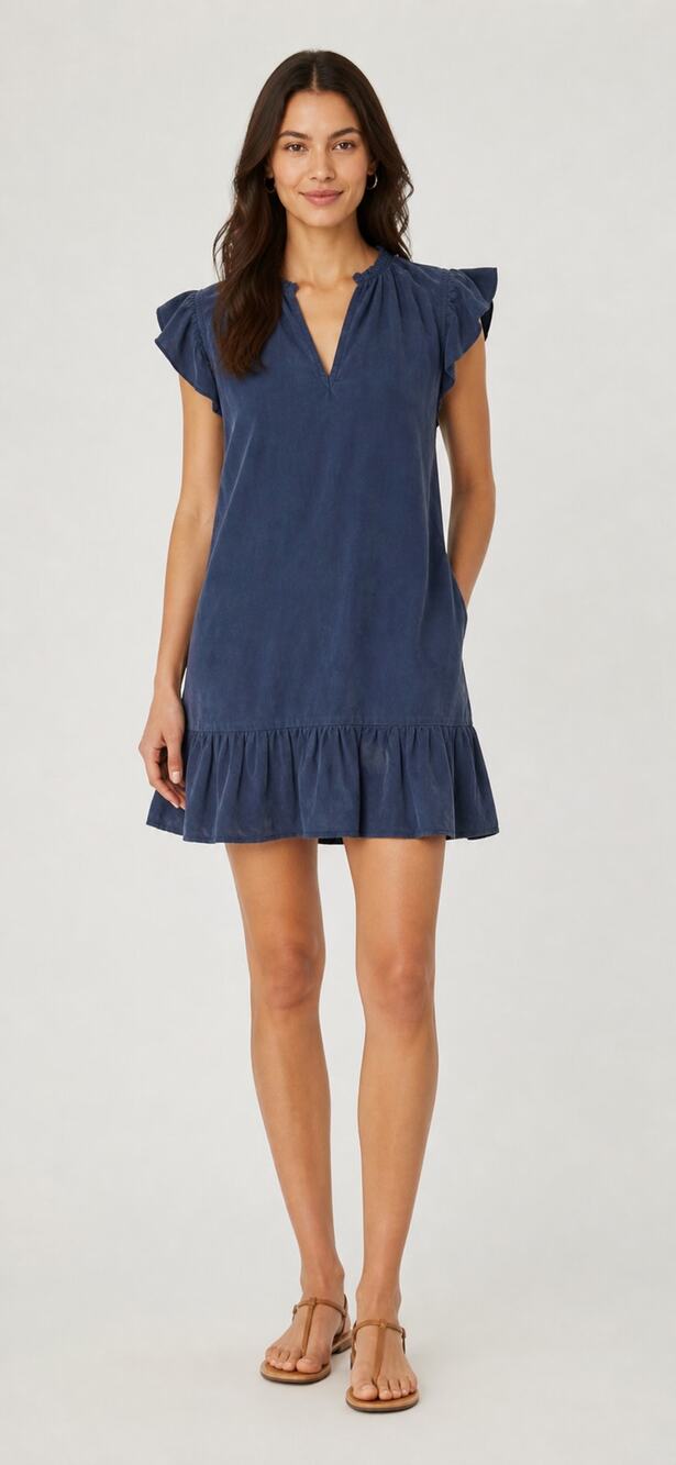 Evereve Cupro Relaxed Mini Shift Dress Ruffle Trim Navy Blue Womens Size Small